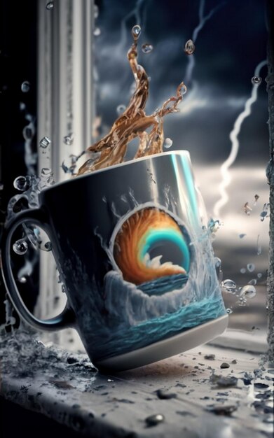 Photo a photorealistic 3d rendering of a cup placed by the window with gentle rain falling outside