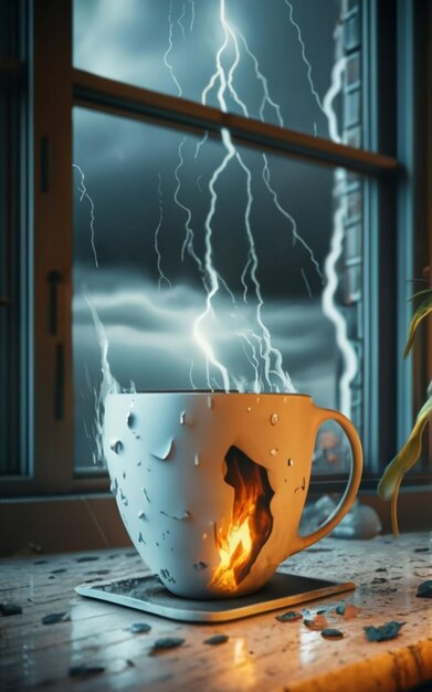 A photorealistic 3D rendering of a cup placed by the window with gentle rain falling outside