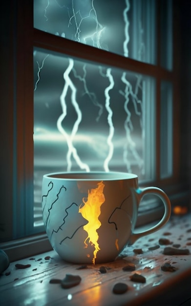 Photo a photorealistic 3d rendering of a cup placed by the window with gentle rain falling outside