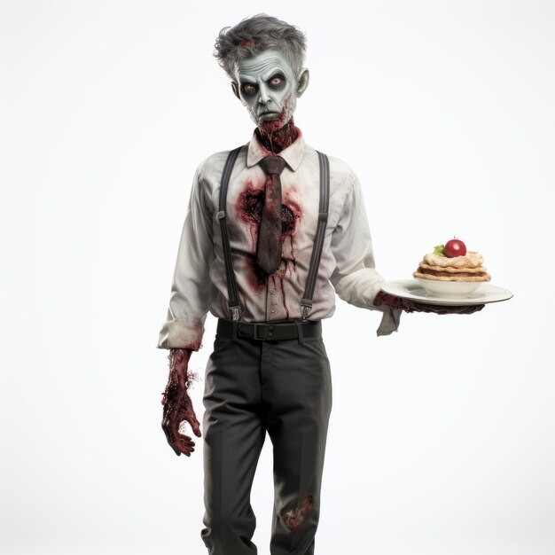 Foto fotorealistico cameriere zombie 3d che serve la torta per halloween