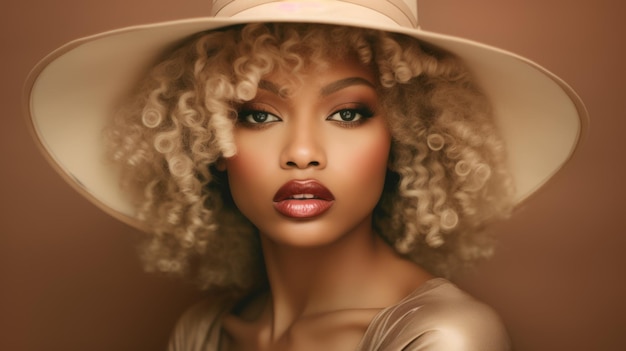 Photorealistic Adult Black Woman with Blond Curly Hair Vintage Illustration Portrait of a person wearing hat retro 20s movie style Retro fashion Ai Generated Horizontal Illustration