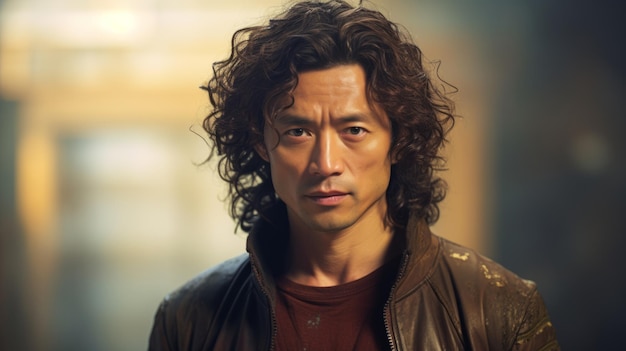 Photorealistic Adult Chinese Man with Brown Curly Hair Futuristic Illustration