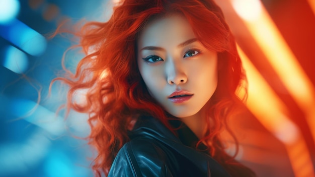 写真 赤い巻き毛の未来的なイラストを持つ写実的な成人中国人女性