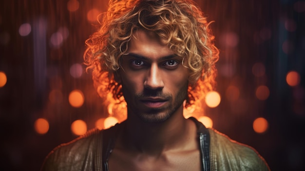 Photorealistic Adult Indian Man with Blond Curly Hair Futuristic Illustration