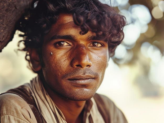 Photorealistic Adult Indian Man with Brown Curly Hair vintage Illustration