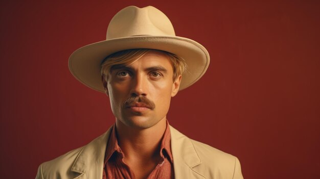 Фотореалистичный взрослый латиноамериканский мужчина с блондинкой, прямыми волосами, винтажная иллюстрация Портрет человека в шляпе в стиле ретро-фильмов 20-х годов, ретро-мода, генерируемая горизонтальной иллюстрацией.