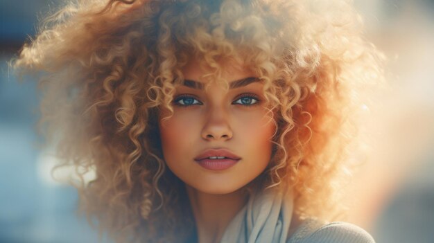 Photorealistic Adult Latino Woman with Blond Curly Hair Futuristic Illustration