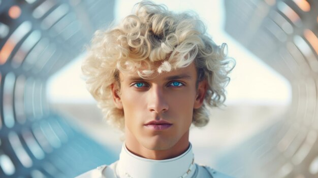 Photo photorealistic adult white man with blond curly hair futuristic illustration