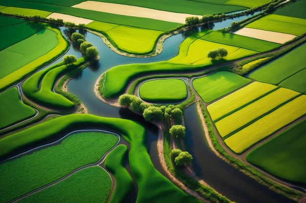 A photorealistic aerial view of lush green agricultural fields and farm landscapes captured by a drone Generative Ai