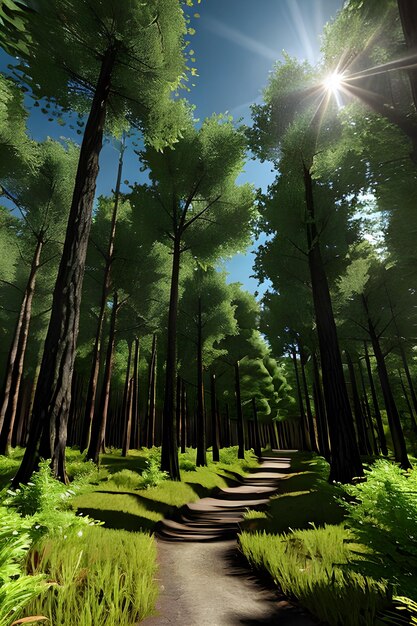 Photorealistic ancient forest with towering trees dappled sunlight filtering through leaves