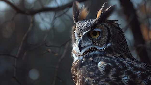 Photo photorealistic angled photo of a great horned owl portrait looking down at an angle dark gothic fant