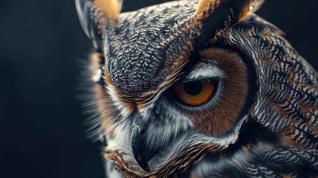 Photo photorealistic angled photo of a great horned owl portrait looking down at an angle dark gothic fant