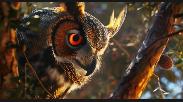 Photorealistic angled photo of a great horned owl portrait looking down at an angle dark gothic fant