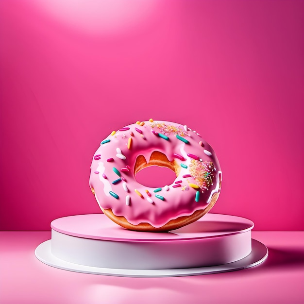 Photorealistic appetizing donut with pink icing on white plastic podium with white spotlight above