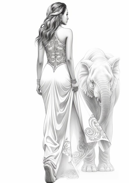 Foto disegno art nouveau fotorealistico di un maestoso elfo femmina che cammina con un elefante