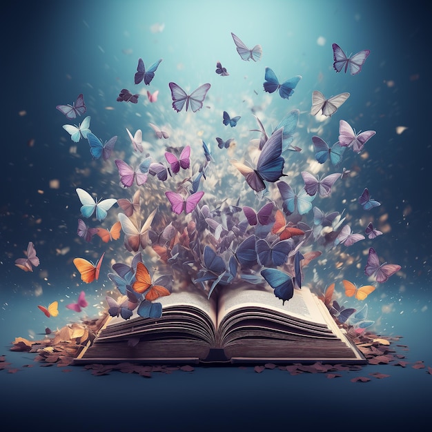 photorealistic art style open book with butterflies