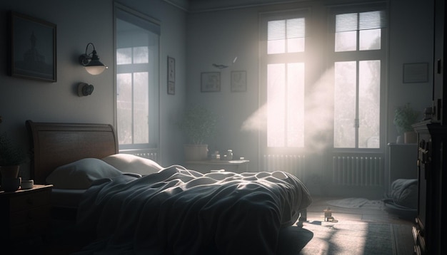 Photorealistic bedroom during the day sun light