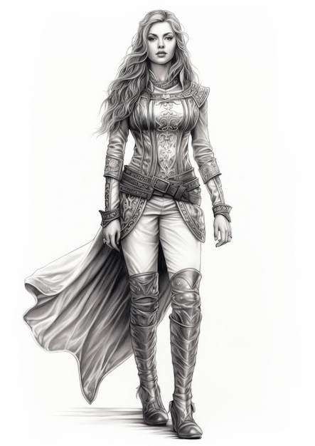 Photo photorealistic black and white drawing of majestic elvin female in armor