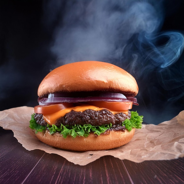 煙の背景のフォトリアリスティックなバーガー