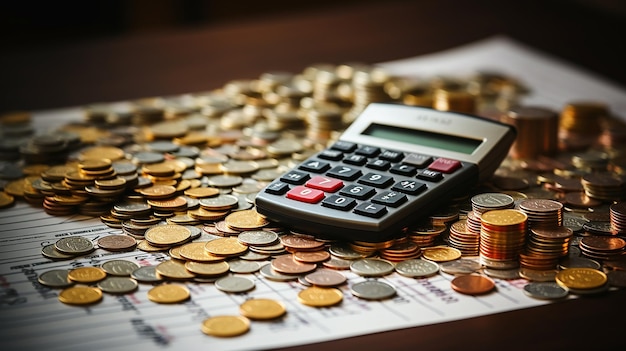Фотореалистичный калькулятор денег и бумаги с графической таблицей на столе AI Generative