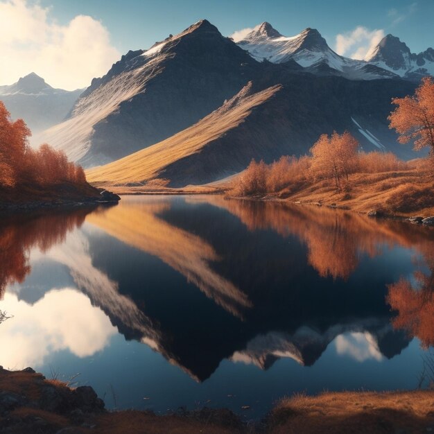 Photorealistic cinematic landscape of autumn scene showcases mountains mirrored in a lake on Iceland