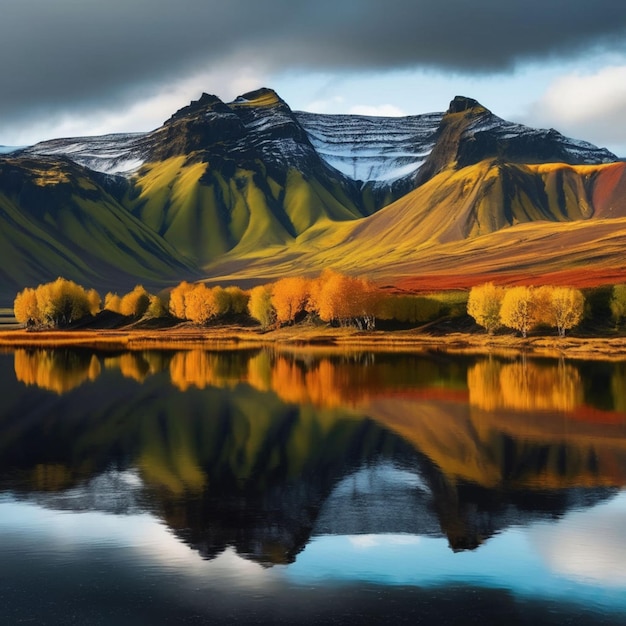 Фотореалистичный кинематографический пейзаж осенней сцены демонстрирует горы, отраженные в озере в Исландии