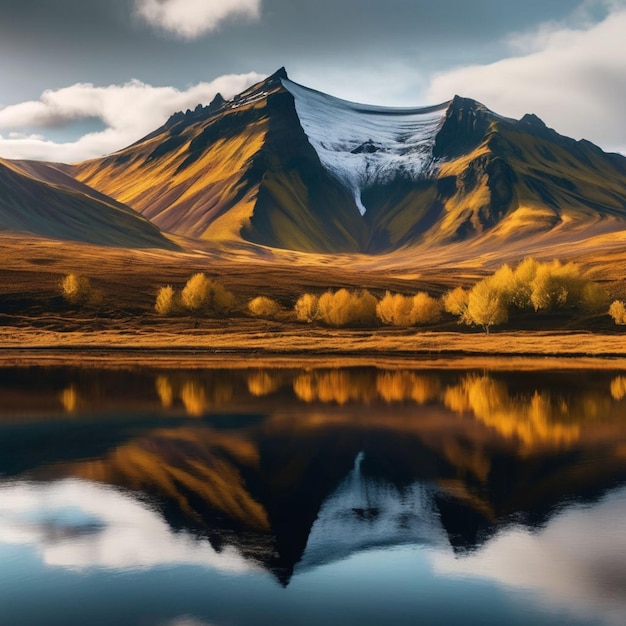 Фотореалистичный кинематографический пейзаж осенней сцены демонстрирует горы, отраженные в озере в Исландии
