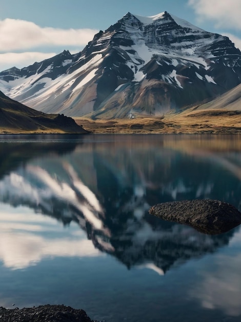 Photorealistic cinematic landscape of scene showcases mountains mirrored in a lake on Iceland beaut