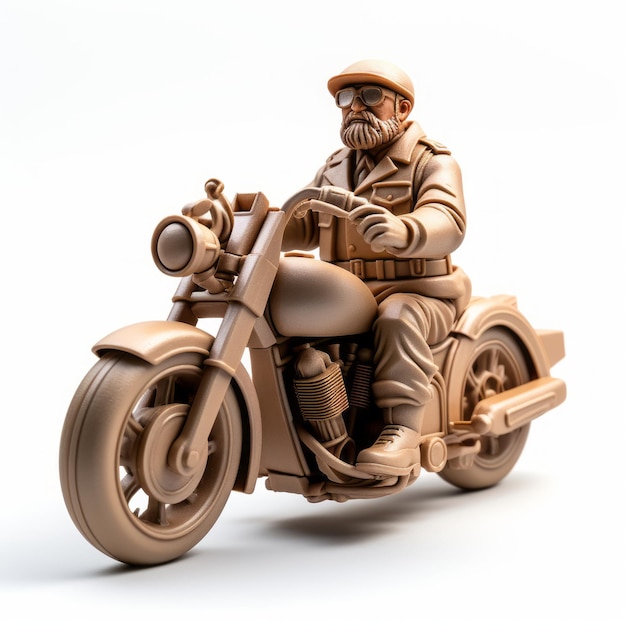 Photo photorealistic clay sculpture soldier on motorcycle