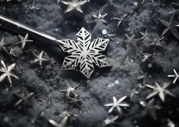 A photorealistic closeup shot of snowflakes falling onto a shovel capturing the intricate details
