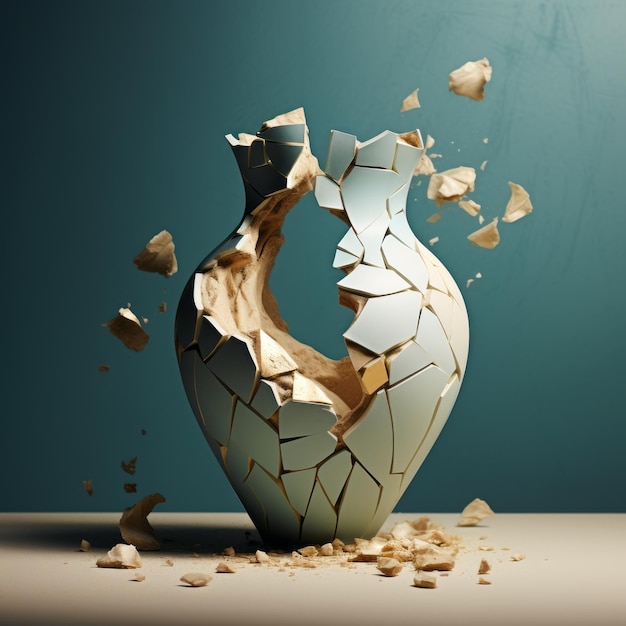 Photorealistic Composition Of A Cracked Vase In Dark Cyan And Beige