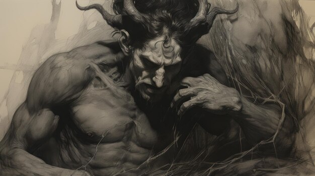 Photo photorealistic demon portrait with preraphaelite sketch style