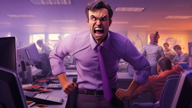 Photorealistic depiction angry employees superior purple tones
