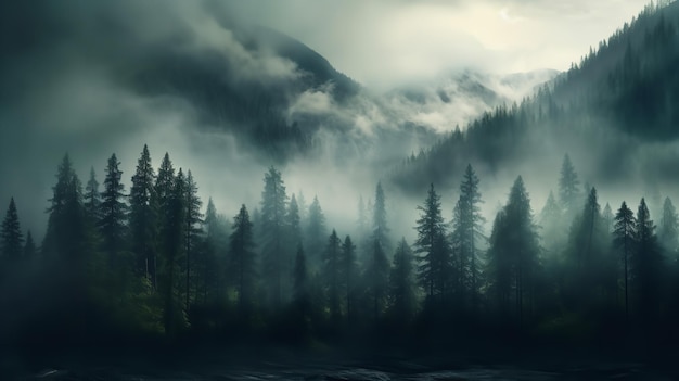 A photorealistic depiction of a mountainous forest with fog in the morning Generative AI