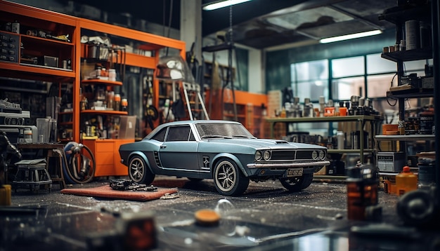 Photorealistic diorama car repair shop scene photoshoot