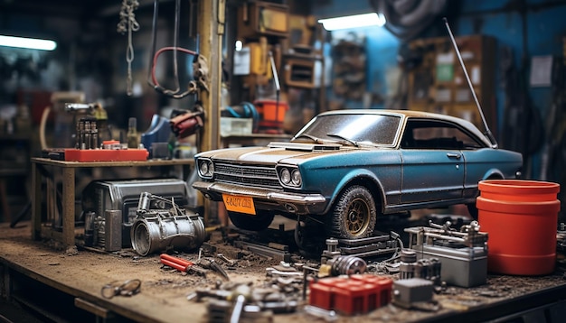 Photorealistic diorama car repair shop scene photoshoot