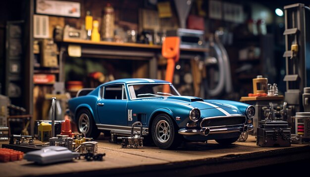 Photorealistic diorama car repair shop scene photoshoot