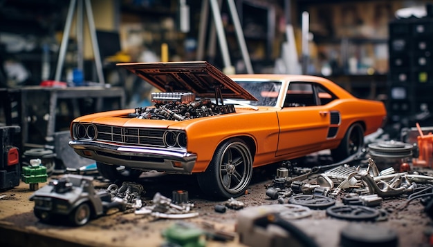 Photorealistic diorama car repair shop scene photoshoot