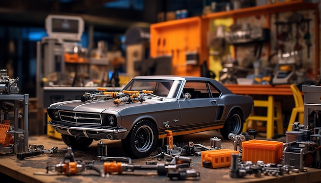 Photorealistic diorama car repair shop scene photoshoot