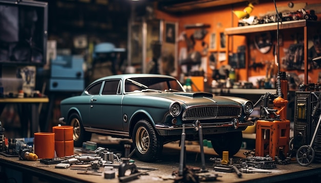 Photorealistic diorama car repair shop scene photoshoot