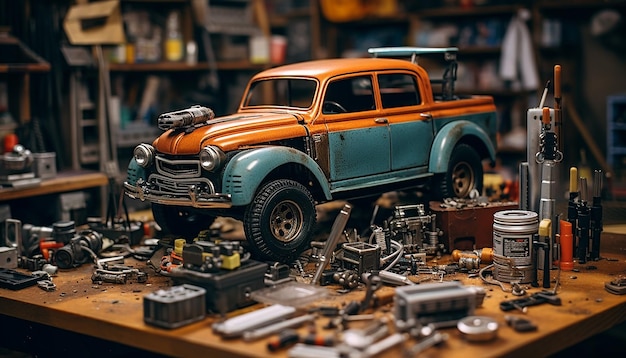 Photorealistic diorama car repair shop scene photoshoot