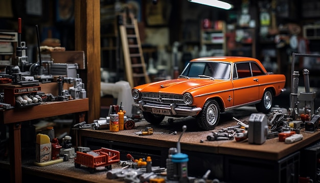 Foto servizio fotografico di diorama fotorealistico per la scena dell'officina di riparazione auto