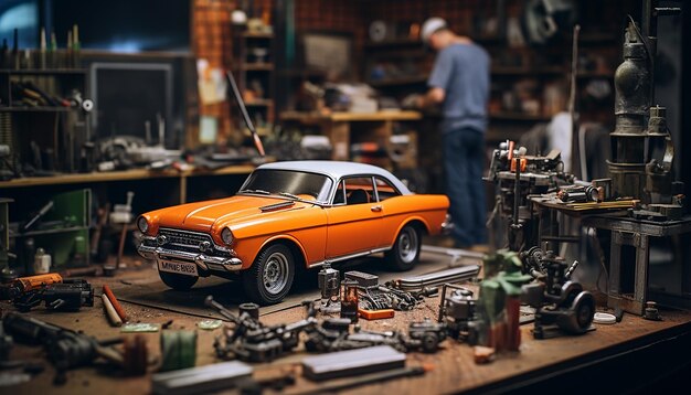 Foto servizio fotografico di diorama fotorealistico per la scena dell'officina di riparazione auto