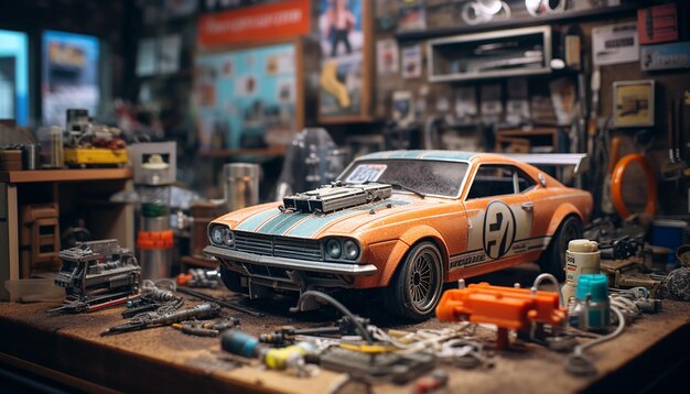 Foto servizio fotografico di diorama fotorealistico per la scena dell'officina di riparazione auto
