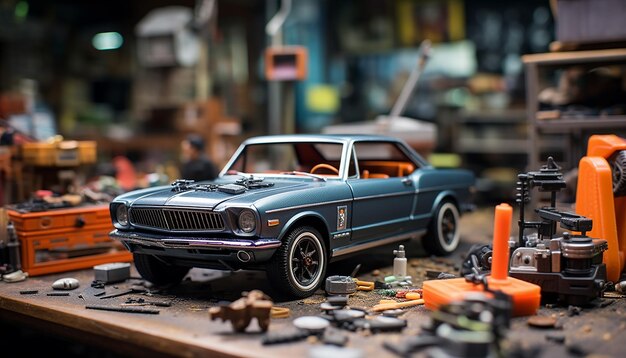 Photorealistic diorama car repair shop scene photoshoot