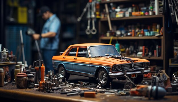 Foto foto-realistico diorama di una scena di un'officina di riparazione auto