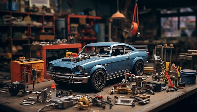 Photorealistic diorama car repair shop scene photoshoot