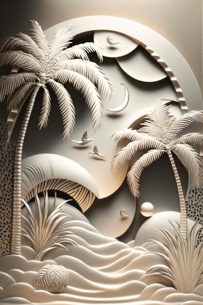 photorealistic golden sea of palms in the style of wall sculpture and installation