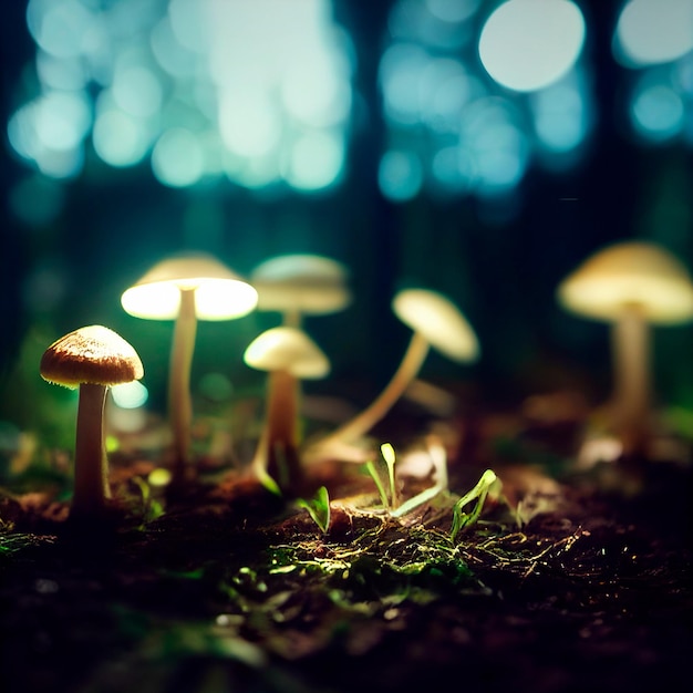 Photorealistic graphic representation of mushrooms with luminous caps