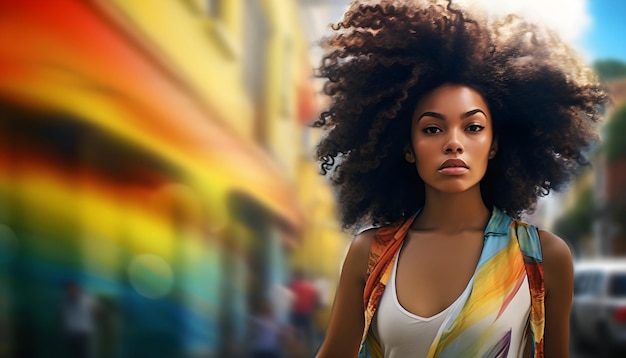 Photorealistic illustration of a woman with a big bouffant hairstyle running down the street